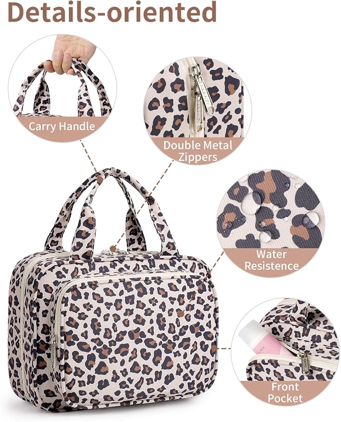 Hanging Toiletry Bag for Women, Travel Makeup Bag Organizer, Dry Wet Separation, Portable Bathroom Travel Bag for Toiletries, Cosmetics, Essentials, Brushes (Leopard)