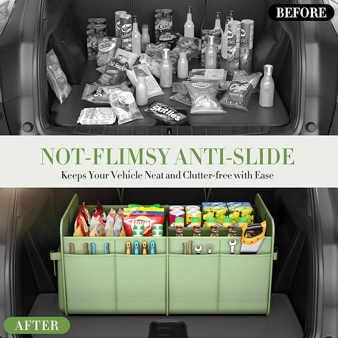 Trunk Organizer For Suv & Sedan,Car Organizers and Storage, Waterproof Collapsible & Adjustable Straps,75L Sturdy Car Organization for Car Accessories, Tools,Sundries,2-3Compartment（Green