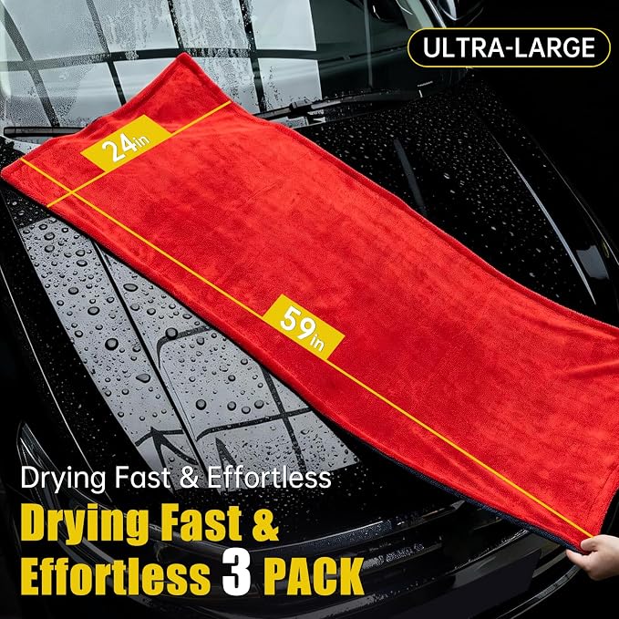 3-Pack Car Drying Towel-Microfiber Extra Large Towels for Cars(59"x24"), Ultra-Absorbent, Scratch & Streak Free, 1300 GSM, Twisted-Loop Cleaning Cloth for Truck, SUV, Car Accessories, Red