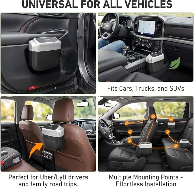 Car Trash Can with Lid, Waterproof Push-Open Garbage Box with 30 Trash Bags, Portable Hanging Door Side Storage Bucket, Large Capacity Organizer for Most Cars Trucks Vans (Silver)
