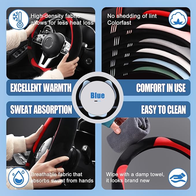 Furry Cute Soft Steering Wheel Cover 14 inch Black with Blue | Fluffy Short Plush Car Accessories, Non-Slip Cold-Proof Sweat-Proof Colorfast, Small 13.5 inch to 14 inch