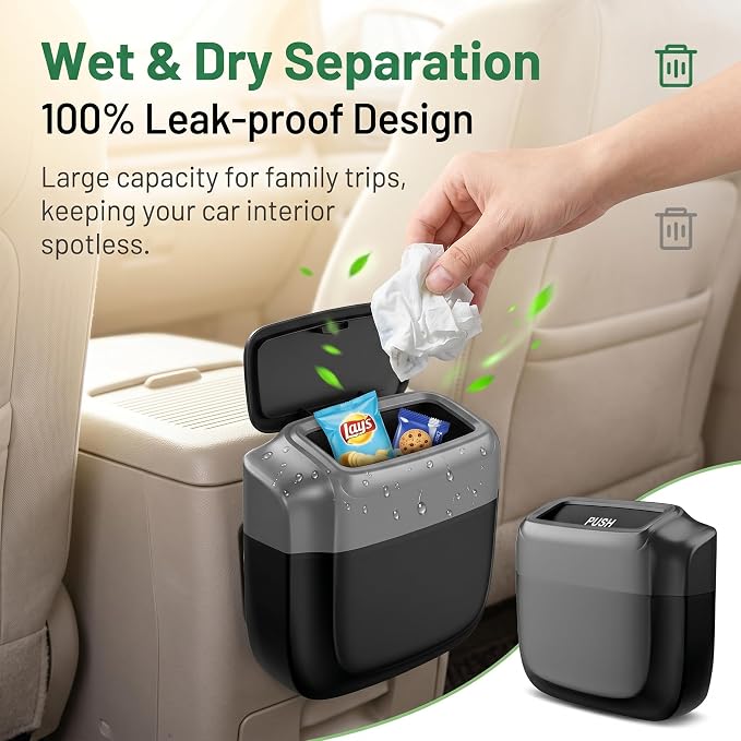 Car Trash Can with Lid, Waterproof Push-Open Garbage Box with 30 Trash Bags, Portable Hanging Door Side Storage Bucket, Large Capacity Organizer for Most Cars Trucks Vans (Black)