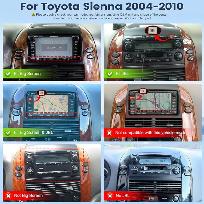 8 Core 4+64G Radio for Toyota Sienna 2004-2010 Stereo (FIT JBL. and Big Screen) Wireless Carplay Android Auto, 9” Touch Screen for Sienna Bluetooth/GPS/MirrorLink/FM/SWC/Backup Camera