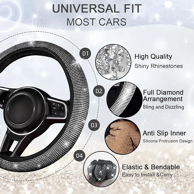 8 pcs Bling Car Accessories Set for Women, Steering Wheel Cover, Sparkly Seat Belt Covers, Bling Gear Shift Cover, Universal Fit Most Cars (Silver Diamond)