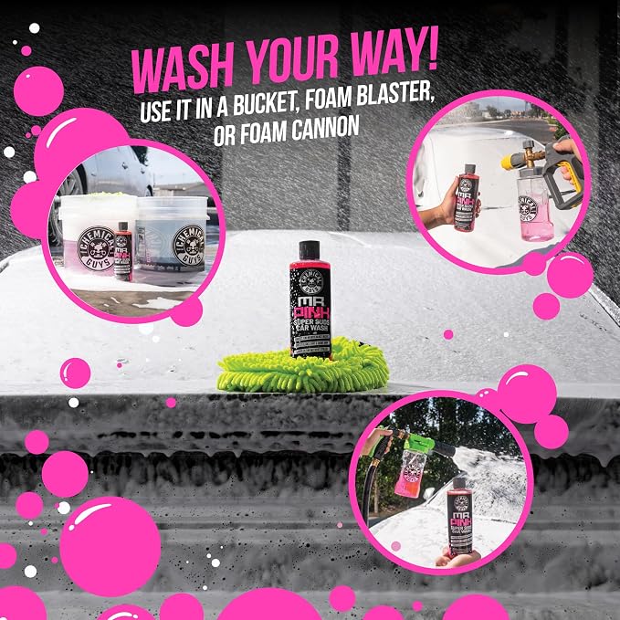 Mr. Pink Super Suds Car Wash Soap Plus Chenille Premium Microfiber Wash Mitt Bundle Kit, High Foaming Pink Shampoo And Scratch Free Wash Mitt For Cars Trucks SUVs Daily Drivers, 64 Fl Oz