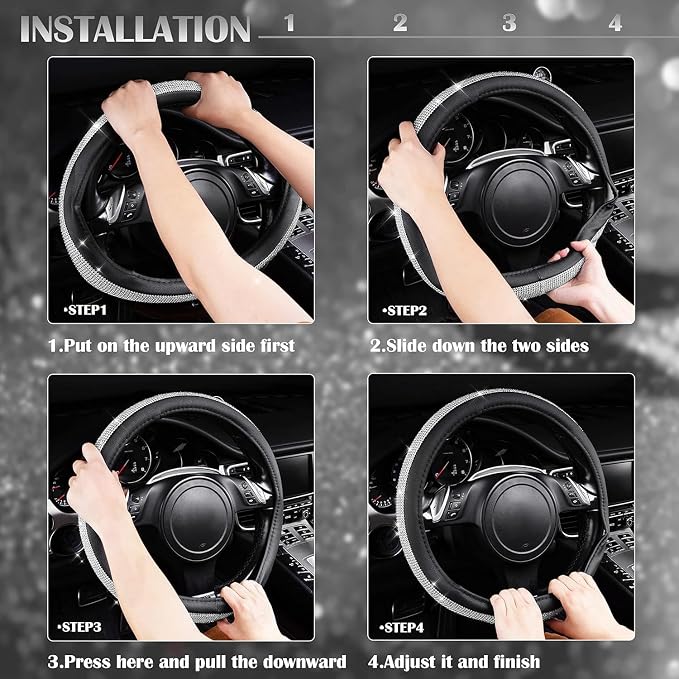 Bling Diamond Leather Steering Wheel Cover, with Bling Sparkly Crystal Glitter Rhinestones Universal Fit 14.5in-15in Car Wheel Protector for Women Girl Fit Suvs,Vans,Sedans,Car,Trucks, Silver