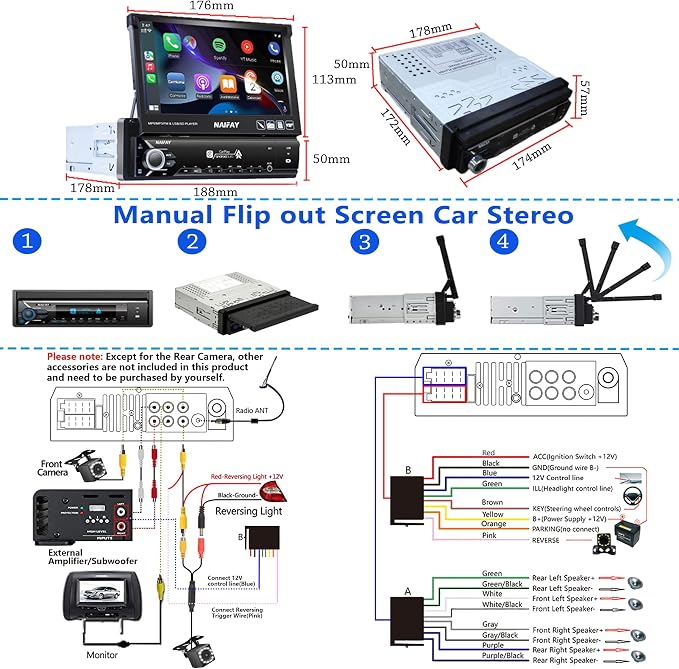 Single Din Touchscreen Car Stereo with Carplay & Android Auto, 7inch Flip Out Screen Car Stereo with Bluetooth Car Audio Receivers, Backup Camera, FM Radio/Mirror Link/USB/AUX/TF/Subwoofer