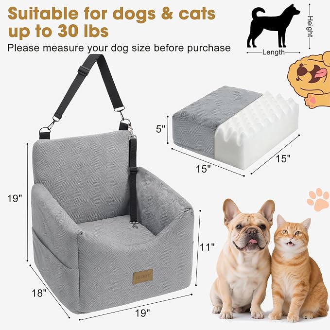 Dog Car Seats for Small Medium Dogs Under 35lbs, Dog Booster Seat with Detachable Washable Cover and Cushion, Memory Foam Pet Car Seat with Safety Belt and Storage Pockets (LG)