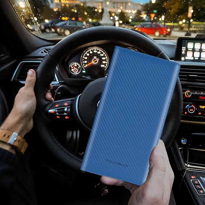 Car Registration and Insurance Card Holder, Vehicle License Document Glove Box Compartment Organizer, Essential Car Wallet Case for Driver Auto Owners (Carbon Blue)