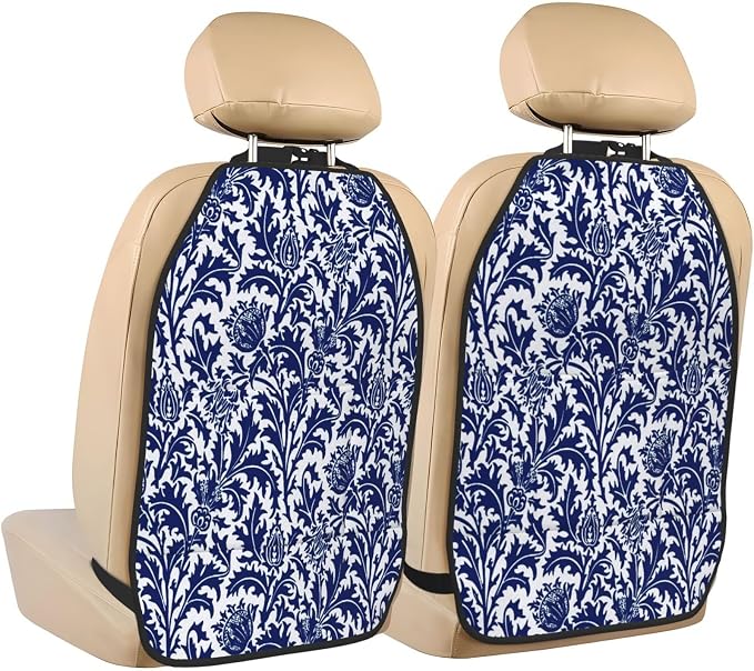 William Morris Thistle Damask, Navy Blue And White Car Seat Back Kick Protectors Kick Mats With Storage Pockets For Vehicles To Protect From Dirt Mud Scratches 2 Pack
