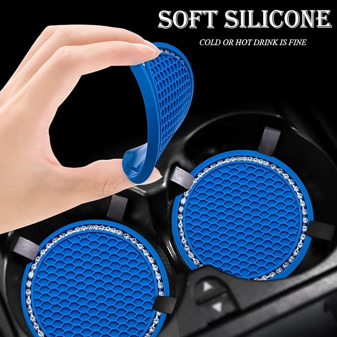 2PCS Bling Cup Holder Coaster, 2.75 Inch Auto Car Cup Holder Insert Coasters, Soft Silicone Anti-Slip Shockproof, Universal Vehicle Interior Accessories for Women Girls (Emerald Blue & White)