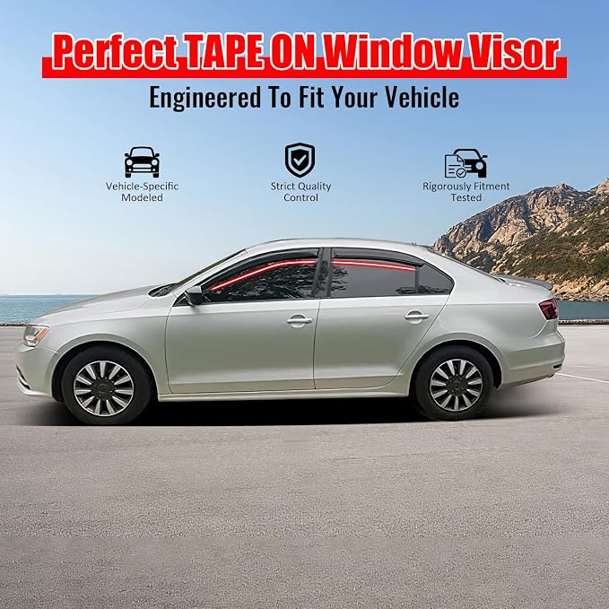 Fit 2011-2018 Volkswagen Jetta Slim Style Acrylic Window Visors Rain Guard |, Dark Smoke, Car Rain Sun Window Shade Guard Visor, 2012 2013 2014 2015 2016 2017, Car Wash Safe, Waterproof