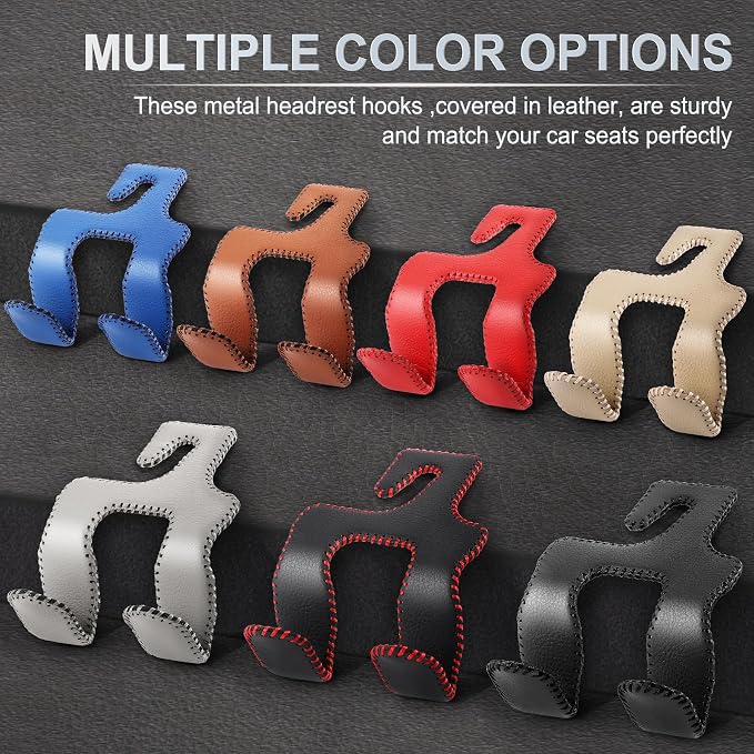 Upgraded Superior Leather Car Seat Back Headrest Hook, 2 in 1 Auto Seat Hook Hangers Holder Organization Interior Accessories for Purses Coats Umbrellas Grocery Bags Handbag (Black/Red)