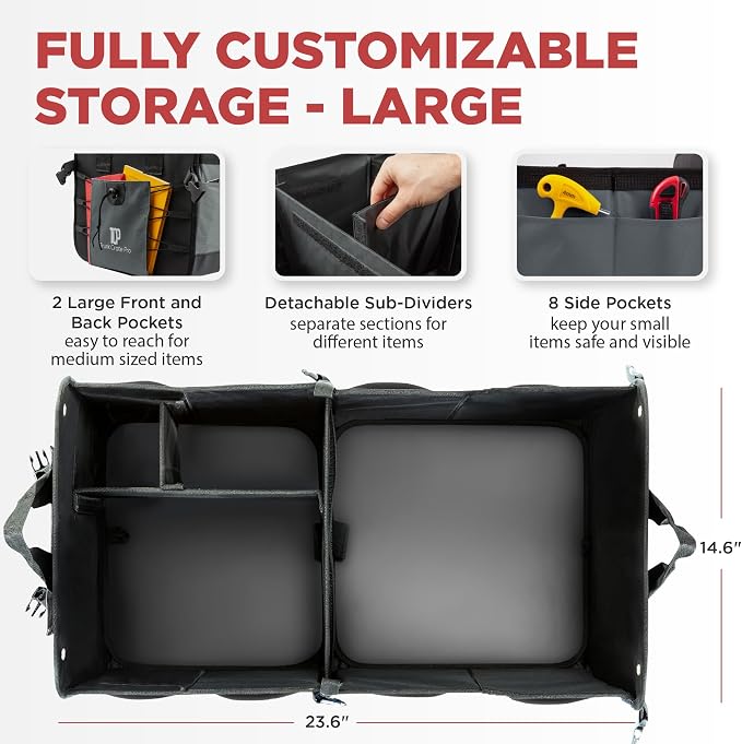 Trunk Organizer For Car, Suv, Truck | Premium Adjustable Multi Compartments Collapsible Car Trunk Organizer With Securing Straps & Non-Slip Bottom (Large Size, Grey)