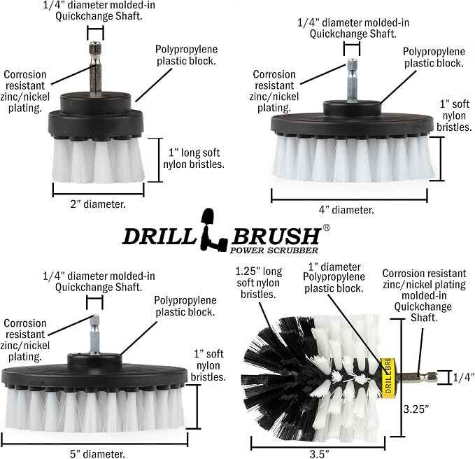 Interior Car Detailing Set - Soft Bristle Power Scrubber Attachments for Cleaning Car, Truck, Upholstery, Carpet, Leather, Seats, Wheels, Rims, Dash, Console, & Trim - Nylon Auto Scrubber