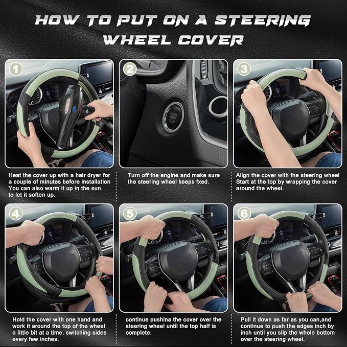 Steering Wheel Cover for Car, Standard Size 14.5-15 inch, Auto Interior Accessories, Black and Pastel Green