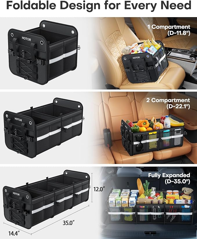 Trunk Organizer for SUV – Car Storage Box with Reflective Strips, Collapsible Car Organizer with Large Capacity, Essential Car Accessories for Truck, Van & Sedan, Black, 35.0" x 14.4" x 11.0"