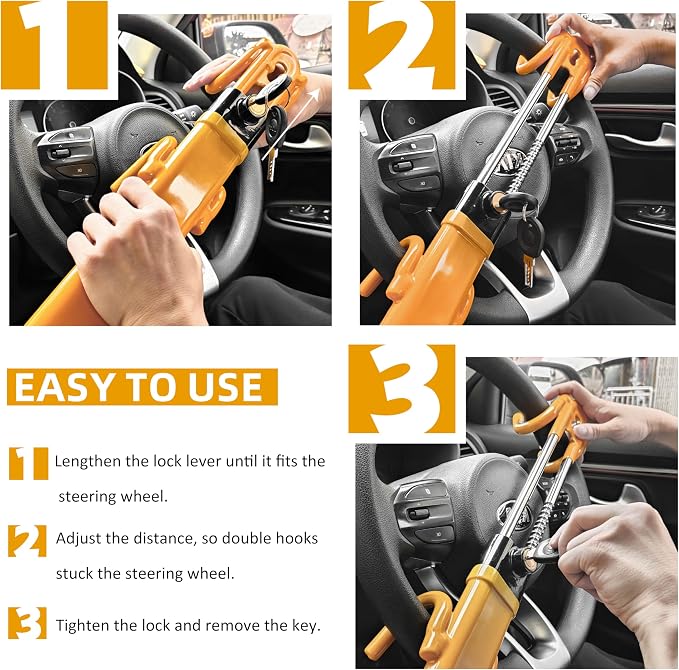 Steering Wheel Lock for car Universal Adjustable Length Anti-Theft Device Car Locks Double Hook Locks for Car SUV Pickup Truck Van(Yellow)