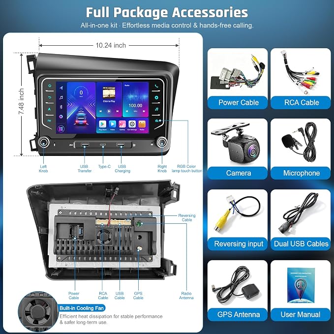 5G WiFi Upgrade Android 15 Car Radio for Honda Civic 2012 2013 2014 2015, 7 Inch IPS Touch Screen with Wireless CarPlay Android Auto, GPS/Bluetooth/FM/SWC/Type C/1080P Backup Camera, 4+64G