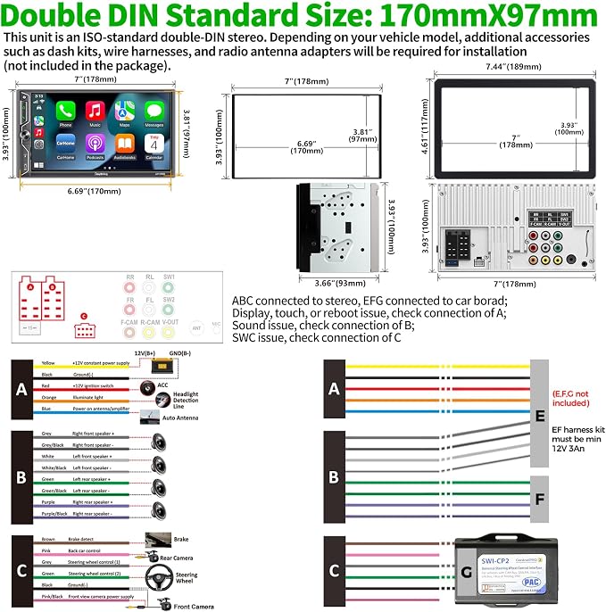 [QLED Screen Upgrade] 7" Double Din Car Stereo with Dash Cam, Wireless Apple CarPlay and Android Auto, Bluetooth, 240W 4.2-Channel Audio Output, MirrorLink, Backup Camera, AM/FM Car Radio