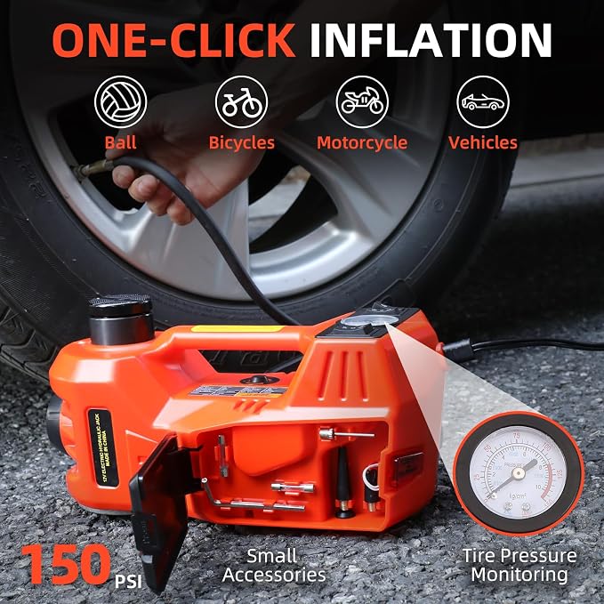 Electric Car Jack 5 Ton 12V Floor Jack Hydraulic Jack Stand Car Lift Jack with Integrated Tire Pump for SUV Truck Sedan Vehicle Roadside Emergency Tire Change