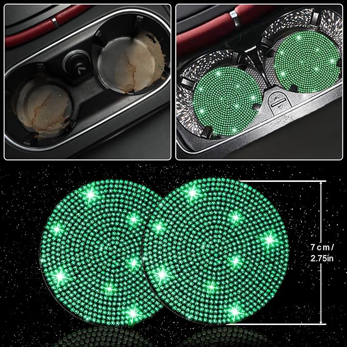 27 PCs Green Bling Car Accessories Set for Women, Steering Wheel Covers Universal Fit 15 Inch, Bling License Plate Frame, Bling Phone Holder, Bling Car Coasters (Green Diamond)