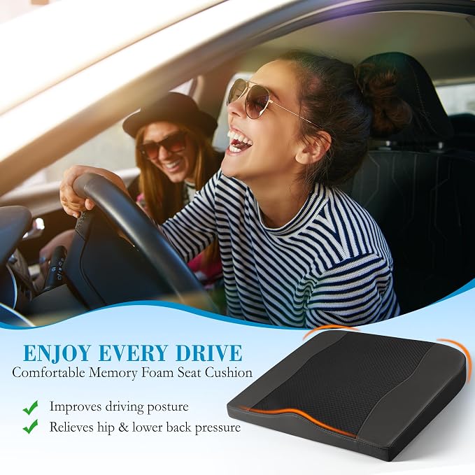 Car Seat Cushion, Comfort Memory Foam Car Cushions for Driving - Sciatica & Lower Back Pain Relief, Driver Seat Pillow for Auto, Office Chair, Wheelchair - Black