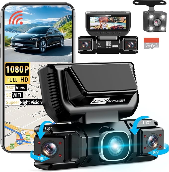 360 Degree View 4 Channel Dash Cam 5G WiFi & APP Control, 2K Front and Rear Inside, Left Right Dash Camera for Cars Free 64GB TF Card, G-Sensor, Night Vision, 24H Parking Mode (3.01 inches)