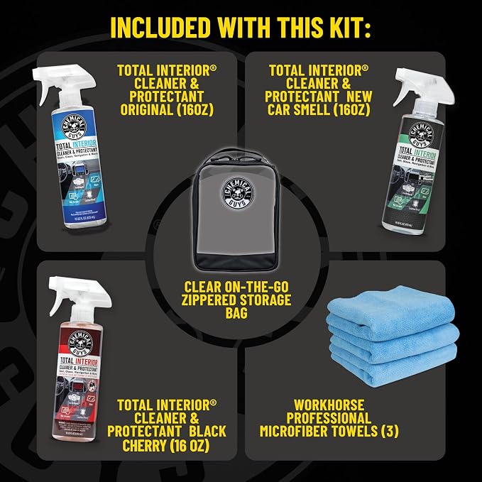 Total Interior Cleaner Variety Kit With Storage Bag | 3 Scents, Fresh, New Car, & Black Cherry Scents, 3 Microfiber Towels, & Giftable Car Care Bag