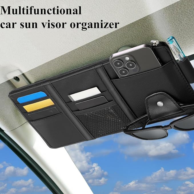 2 Packs Car Sun Visor Organizer, Sunglasses Holders for Car Sun Visor PU Auto Interior Accessories Storage Travel Document Holder with Multi Pocket (Black, Gray, 12.2 x 6.1 Inches)
