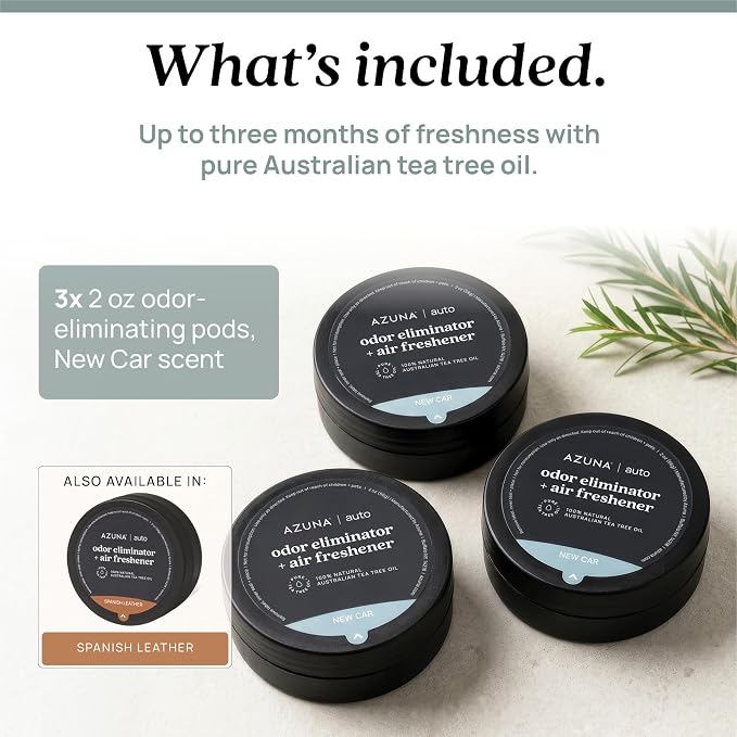 Car Air Freshener & Auto Odor Eliminator Pods Trio | New Car Scent | Plant Powered by 100% Australian Tea Tree Oil | Long Lasting and No harsh chemicals | Made in USA | 3 Pack of 2oz Pods