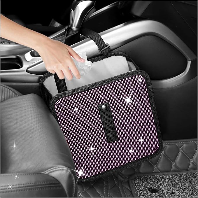 Bling Car Trash Can with Rhinestone,Foldable Car Garbage Can for in-Vehicle Waste Disposal,Multipurpose Hanging Back Seat Organizer & Decorations Fit for Most Cars Trucks (Pink)
