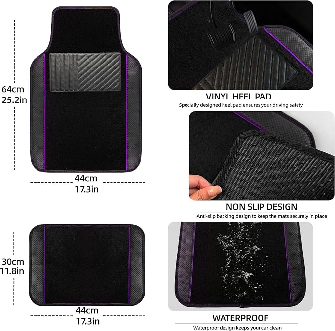 10 Pcs Car Floor Mats Full Set Car Accessories, Microfiber Leather Steering Wheel Covers 14.5-15 inch, Center Console Cover, Seat Belt Pads, Cup Coasters, Universal Interior Decor(Purple)