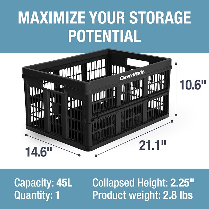 Collapsible Utility Crate 45L Foldable Plastic Crate with Heavy Duty 66 lb Capacity for Storage, Trunk Organization, & Moving - Obsidian