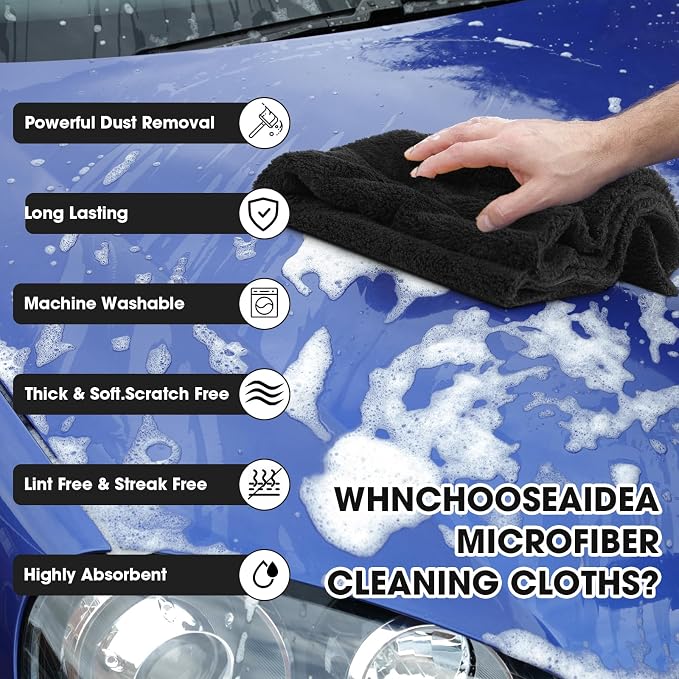 30 Pcs 16 x 16 Inch Edgeless Microfiber Plush Towels for Cars Detailing Drying Wash Polishing Absorbent Cleaning Cloths, 500 GSM (Black)