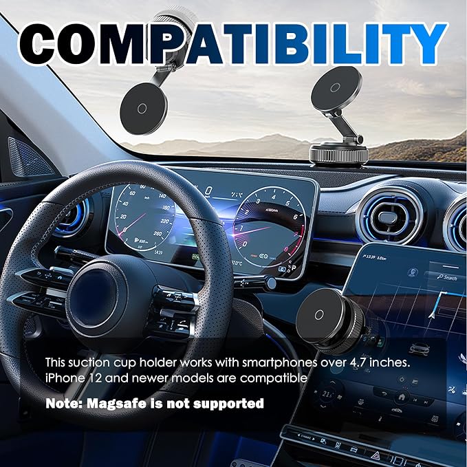 Magnetic Phone Holder for Car,360° Adjustable Car Phone Mount with Vacuum Suction Cups Compatible with iPhone 16/15/14/13/12,Cars Phones Holder Mount for Dashboards