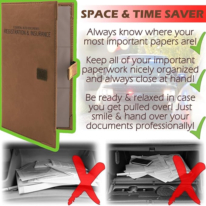 Registration and Insurance Card Holder - Car Organizer - Brown | Vehicle Glove Box Document Organizer, Auto Essential Paperwork Holder for Contact Information Cards, Interior Car Accessories