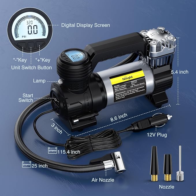 Portable Air Compressor Tire Inflator 12V Heavy Duty 120PSI Metal Pump Double Cylinder Digital Pressure Fast Inflate Auto Shutoff for Car SUV Motorcycle