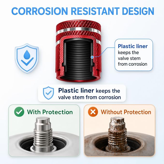 Tire Valve Stem Caps 8 Pack, Aluminum Tire Valve Caps with Plastic Liner, Corrosion Resistant Leak Proof Air Valve Caps, Universal Valve Stem Caps for Cars, Trucks, SUVs, Motorcycles and Bikes