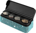 carleef Bling Coin Holder for Car,4 Compartment Car Organizers and Storage with Rhinestones Compatible with Quarter/Nickel/Pennies/Dimes,Universal Coin Organizer for Car SUV Truck (Blue)