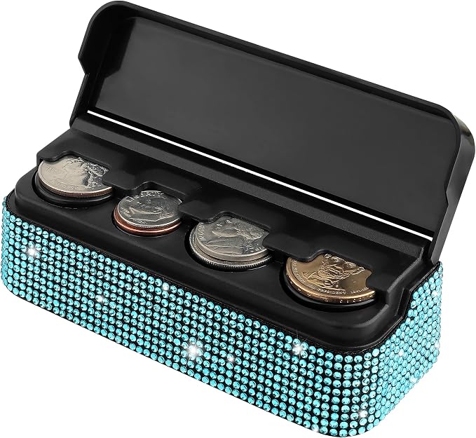 carleef Bling Coin Holder for Car,4 Compartment Car Organizers and Storage with Rhinestones Compatible with Quarter/Nickel/Pennies/Dimes,Universal Coin Organizer for Car SUV Truck (Blue)