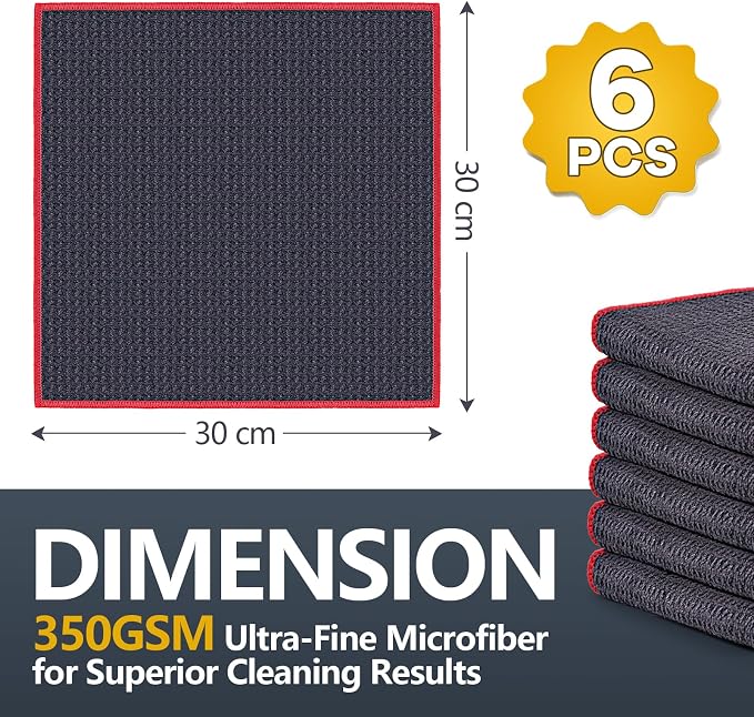 Airlab Glass Polishing Cloth Streak Free Miracle Cleaning Cloth Lint Free Microfiber Cleaning Rags for Glasses Kitchen Dish Mirrors Easy Clean, Pack of 6,12 x 12 Inches, Grey-red