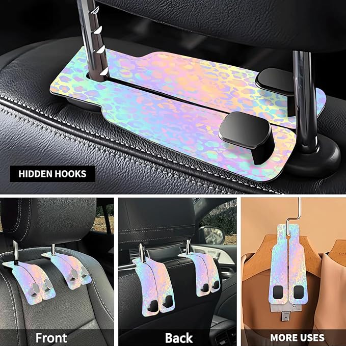 Car Seat Headrest Hook, Universal Leather Cute Hanger Holder Hook, Storage Organizer Interior Accessories for Purse Bags Handbag Colorful Cute Leopard