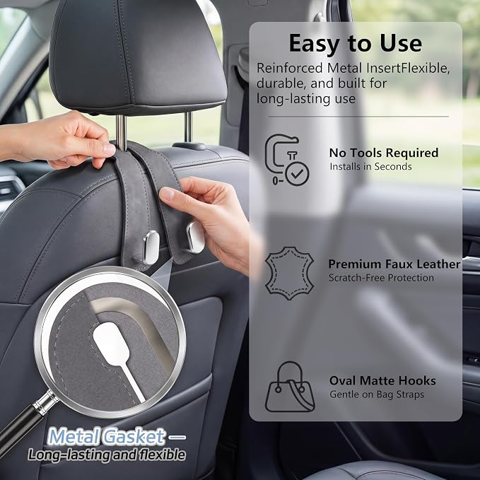 Car Seat Headrest Hooks for Purses & Shopping Bags, 2 Pack Suede Car Purse Hook, Double Hooks Secure Bags While Driving, Elegant & Durable, Simple to Install, Fits Handbags, Grocery Bags, Bottles.