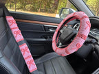 Handmade Crochet Pink Bow Car Steering Wheel Covers Universal 14-15 inch,Cute Steering Wheel Cover,Car Accessories (A: Wheel Cover+2Belt Cover)