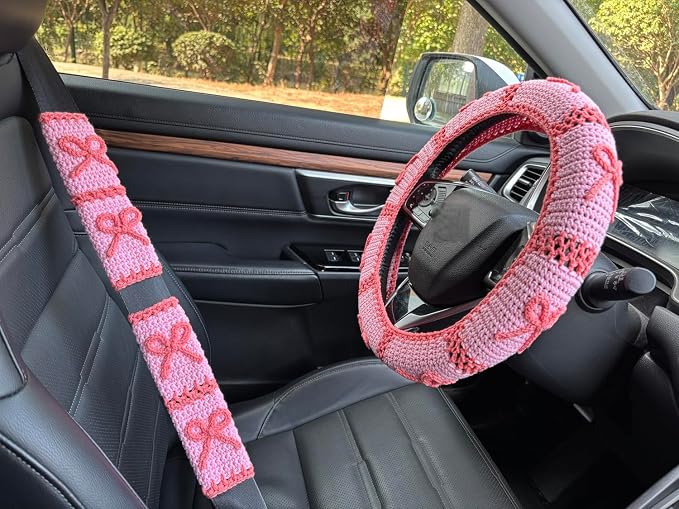 Handmade Crochet Pink Bow Car Steering Wheel Covers Universal 14-15 inch,Cute Steering Wheel Cover,Car Accessories (A: Wheel Cover+2Belt Cover)