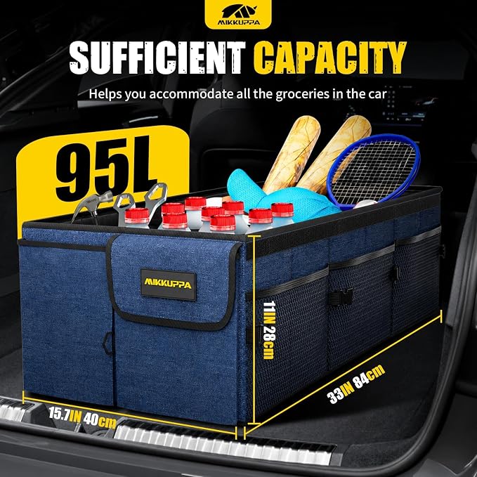 Car Trunk Organizer - 95L Collapsible Trunk Organizer with Lid, Sturdy Car Storage for SUV Auto Truck Van with Adjustable Straps and Non Slip Bottom (Blue, XX-Large)