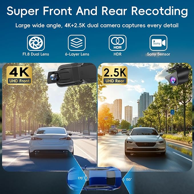Mirror Dual Dash Camera for Car, Dashcam 4K Front 2.5K IMX335 Rear View/ADAS BSD LCA Wi-Fi&APP WDR Night Vision G-Sensor Loop Recording Parking Monitor 64GB Card