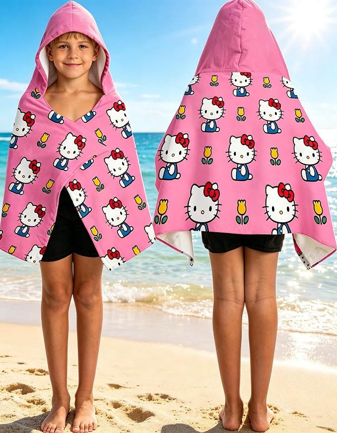Kitty Printed Soft Cotton Terry Hooded Towel Wrap, Portable Hooded Towel for Bath Pool Beach Daily Use, 28 in x 55 in