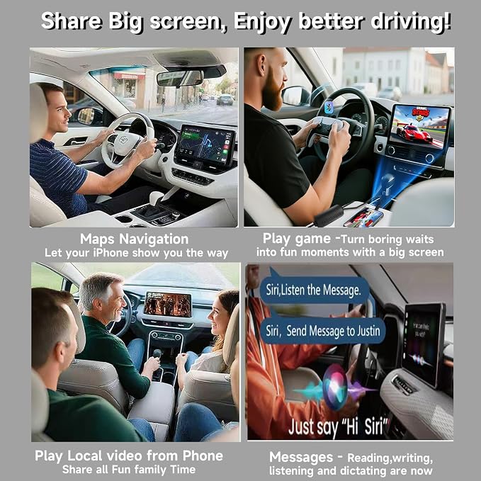 Car Screen Mirroring Adapter with Wireless CarPlay - Supports Watching Any App (YouTube, Net-flix, TikTok, etc.), Siri Control & Phone Charging, Compatible with Factory-CarPlay Equipped Vehicles.